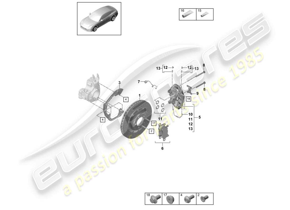 porsche 2021 (panamera 971-1) schéma des pièces de l'essieu arrière du frein à disque pccb