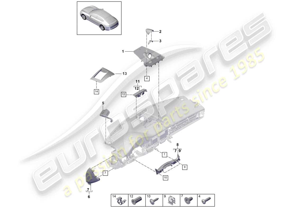 porsche 2021 (panamera 971-1) schéma des pièces du tableau de bord supérieur des accessoires