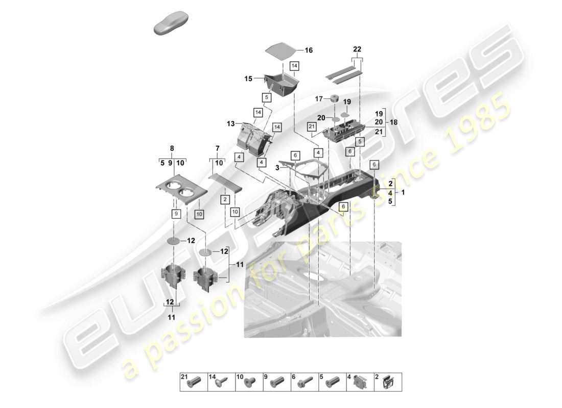 porsche 2022 (panamera 971-2) schéma des pièces de la console centrale arrière