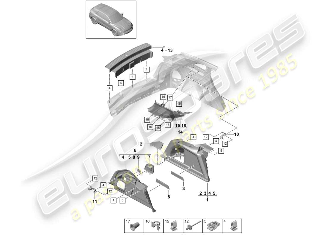 porsche 2024 (cayenne e3 9ya/9yb) schéma des pièces de garniture de montant d latéral de garniture de coffre à bagages