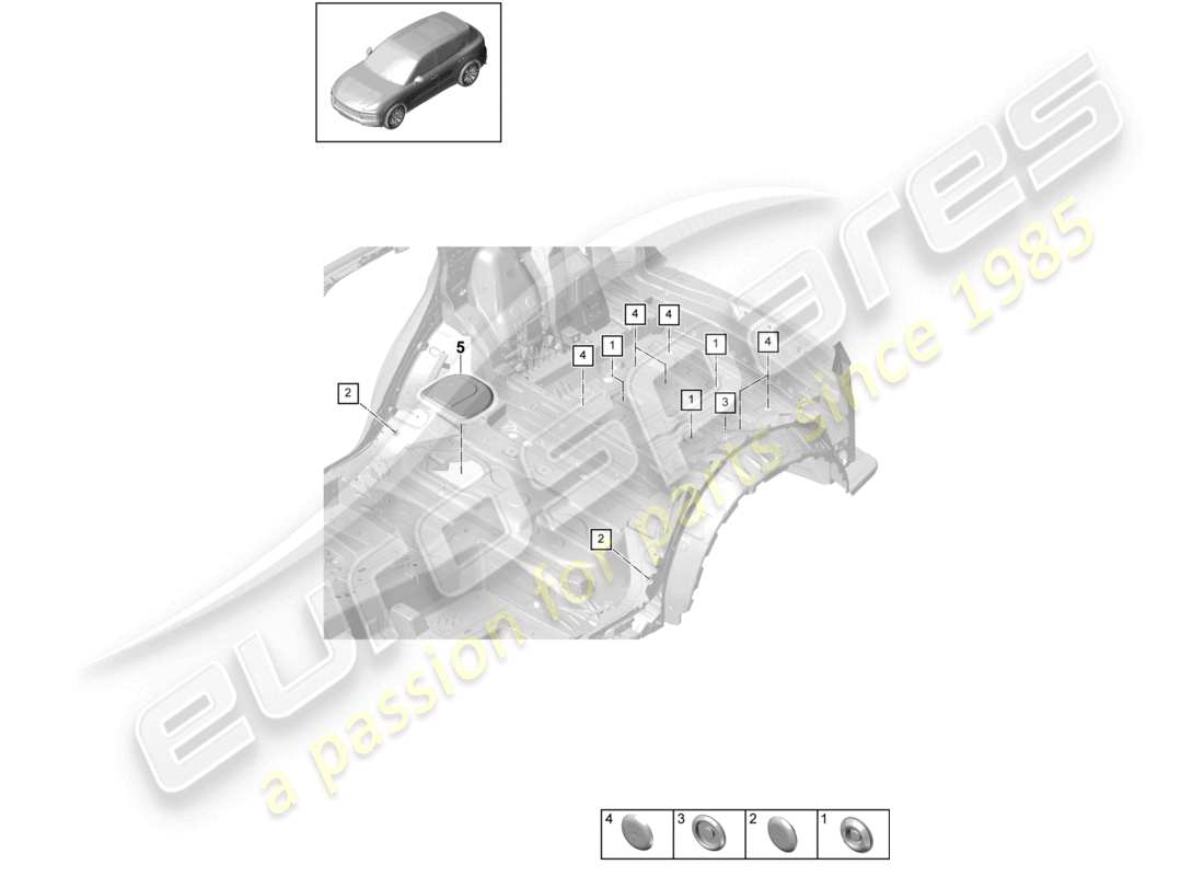 porsche 2024 (cayenne e3 9ya/9yb) schéma des pièces du dessous de caisse arrière intérieur des bouchons