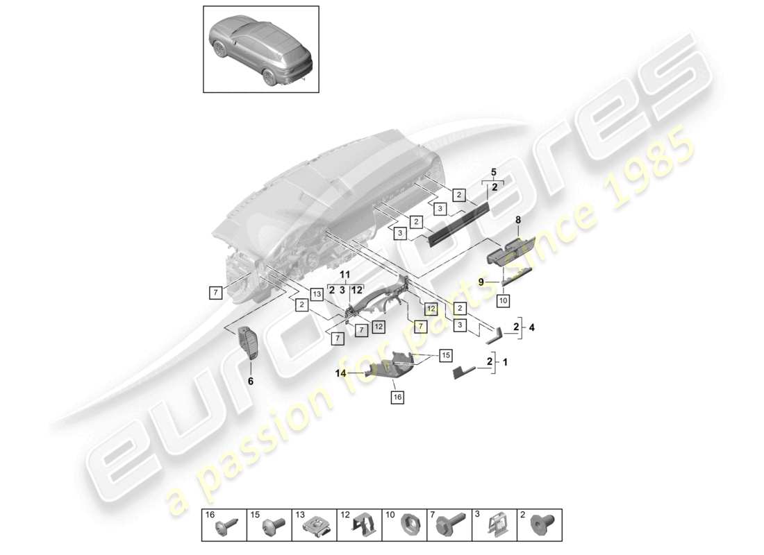 porsche 2024 (cayenne e3 9ya/9yb) schéma des pièces des accessoires de garniture de tableau de bord avant