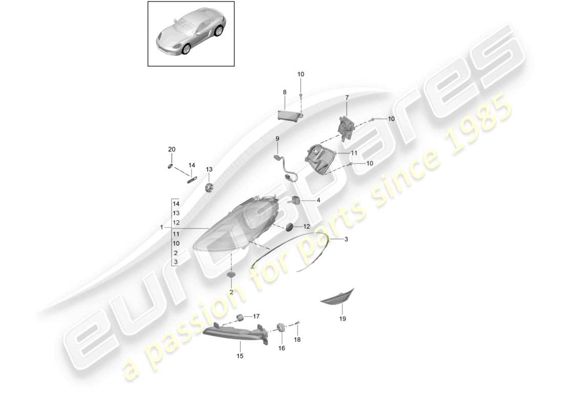 porsche 2021 (718 cayman) phares phare supplémentaire clignotant feu de position latéral répétiteur de clignotant schéma des pièces