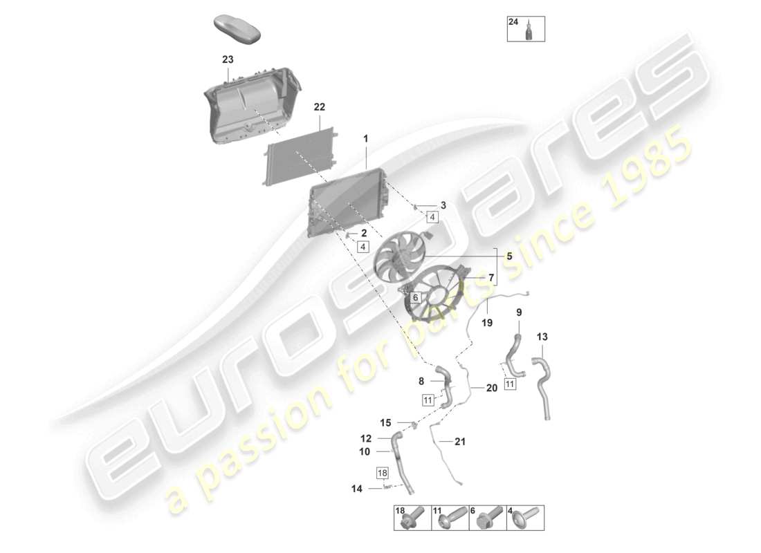 porsche 2022 (992-1 gt3/rs/st) refroidisseur pour centre de liquide de refroidissement schéma des pièces du ventilateur du radiateur
