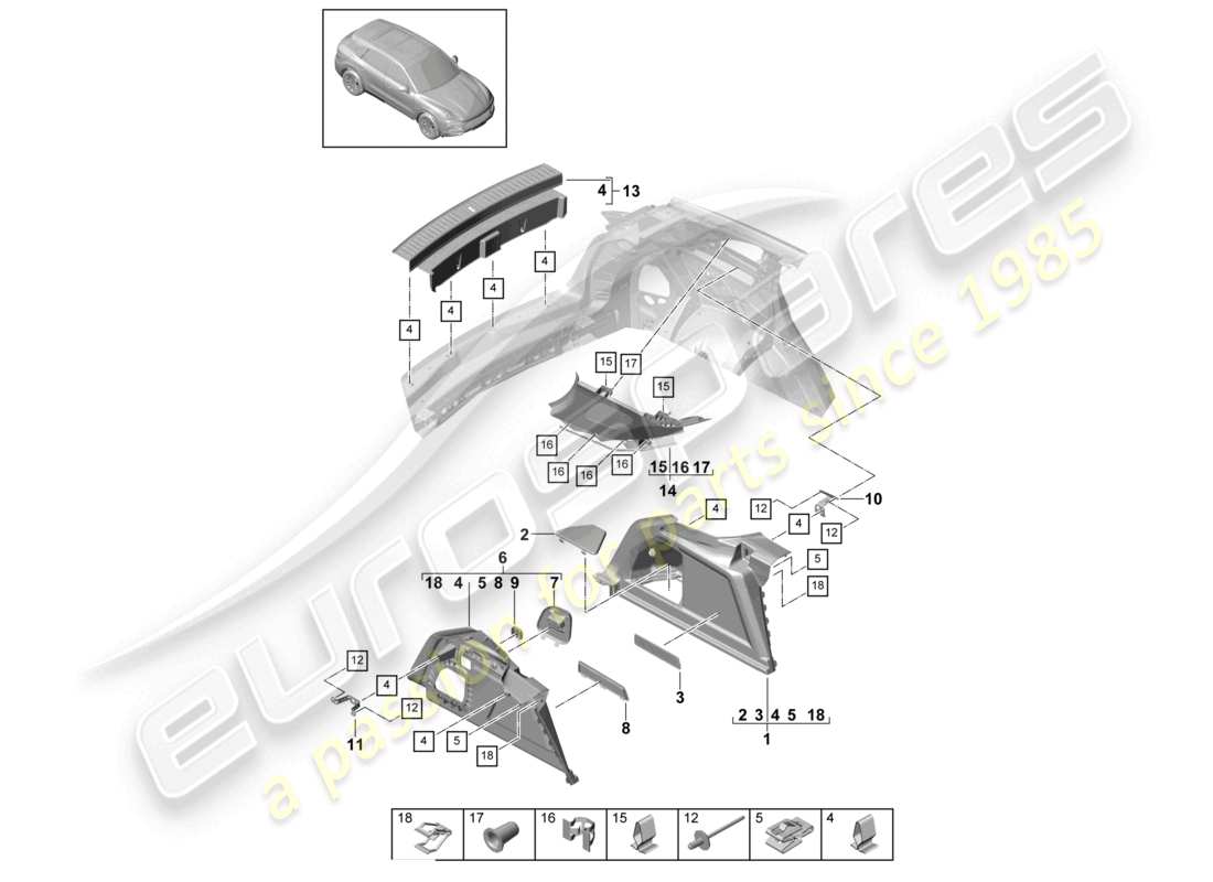 porsche 2021 (cayenne e3 9ya/9yb) schéma des pièces de garniture de montant d latéral de garniture de coffre à bagages