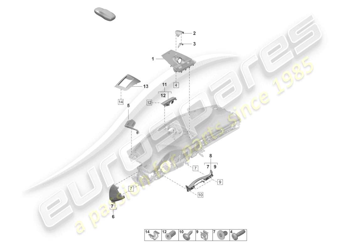 porsche 2024 (panamera 971-2) schéma des pièces du tableau de bord supérieur des accessoires