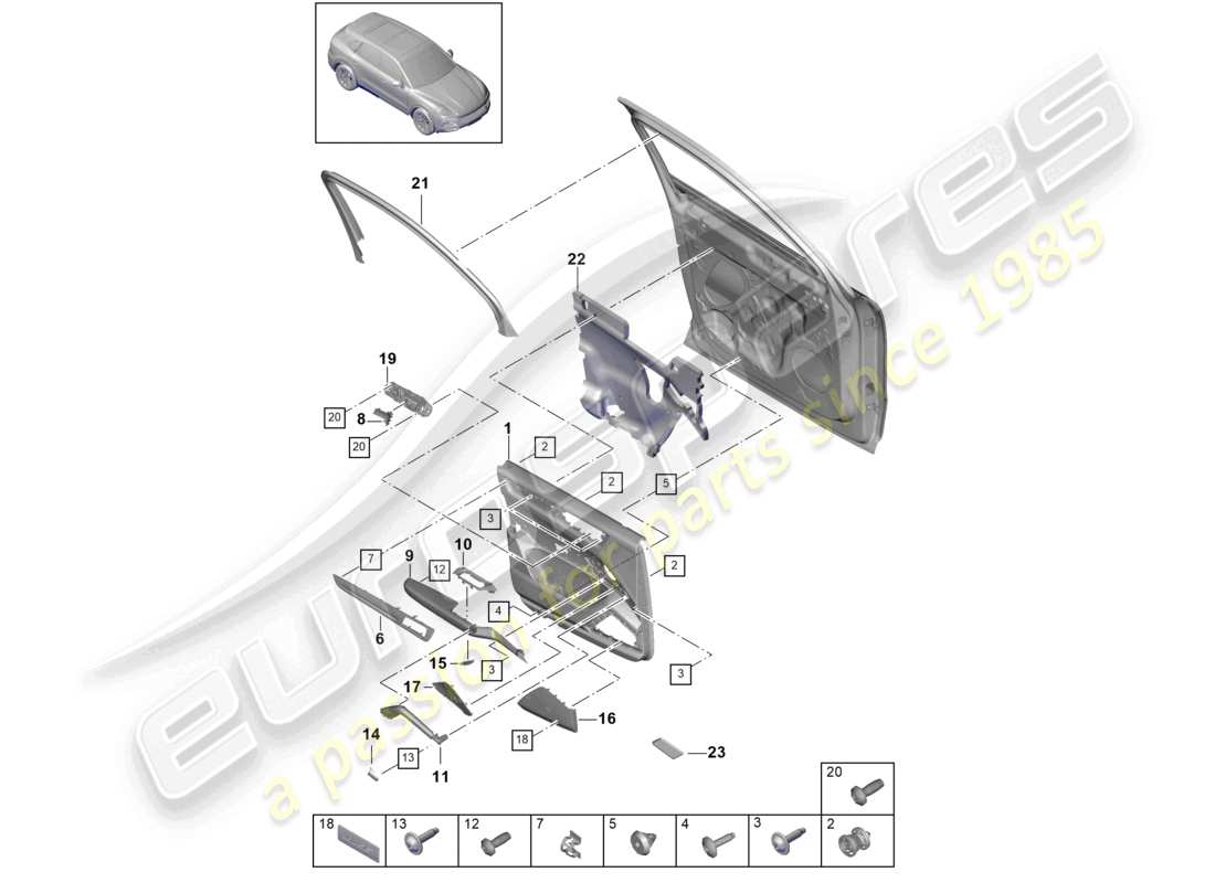 porsche 2022 (cayenne e3 9ya/9yb) schéma des pièces du panneau de porte avant en similicuir