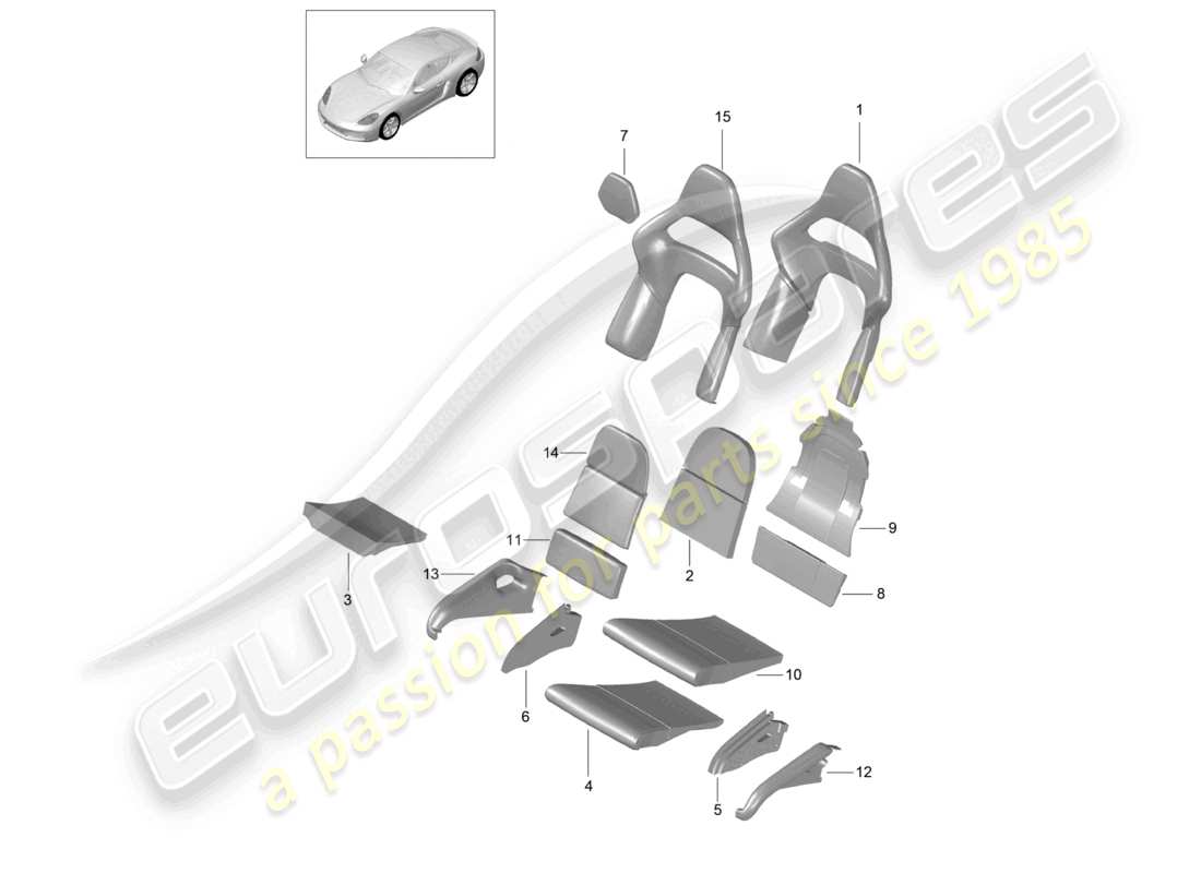 porsche 2024 (718 cayman) pièce en mousse housses de dossier rabattables housses de siège surface d'assise et de dossier siège baquet diagramme des pièces
