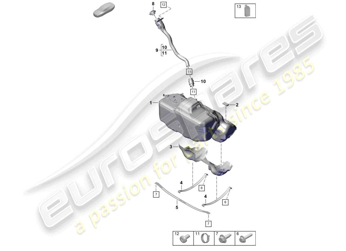 porsche 2022 (992-1 turbo / s) schéma des pièces d'additifs pour réservoir de carburant