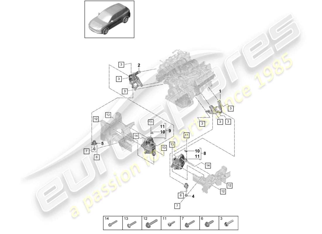 porsche 2024 (cayenne e3 9ya/9yb) console inférieure de levage du moteur pour le montage du moteur schéma des pièces de montage du moteur