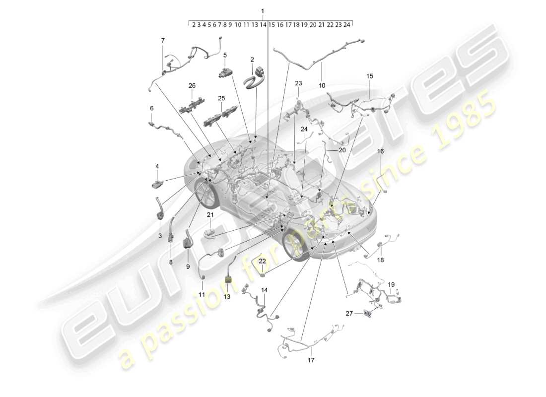 porsche 2024 (718 cayman) faisceaux de câbles schéma des pièces du faisceau de câbles de l'habitacle et de la section partielle