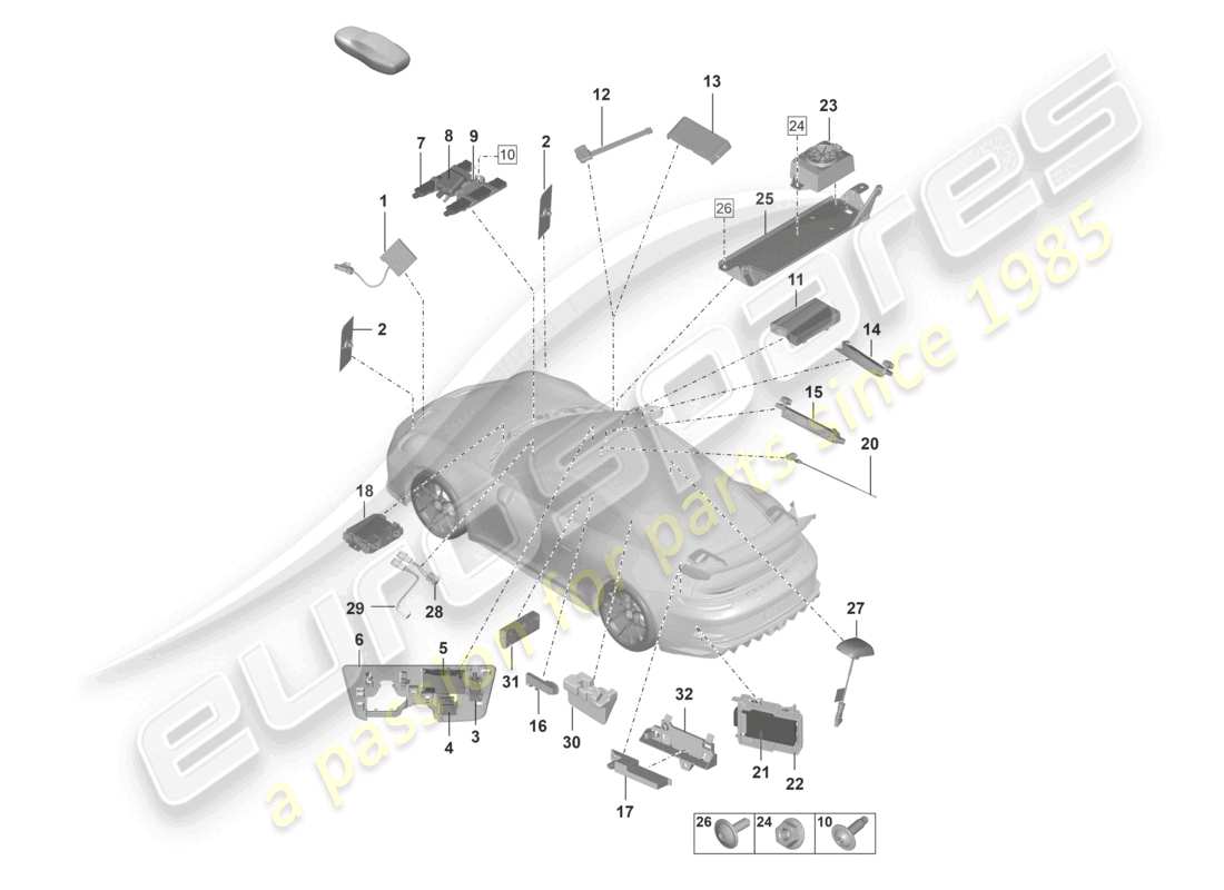 porsche 2022 (992-1 gt3/rs/st) antenne amplificateur d'antenne haut-parleur d'appel d'urgence lecteur de carte à puce pour système de péage routier connexion pour usb et aux-in schéma des pièces