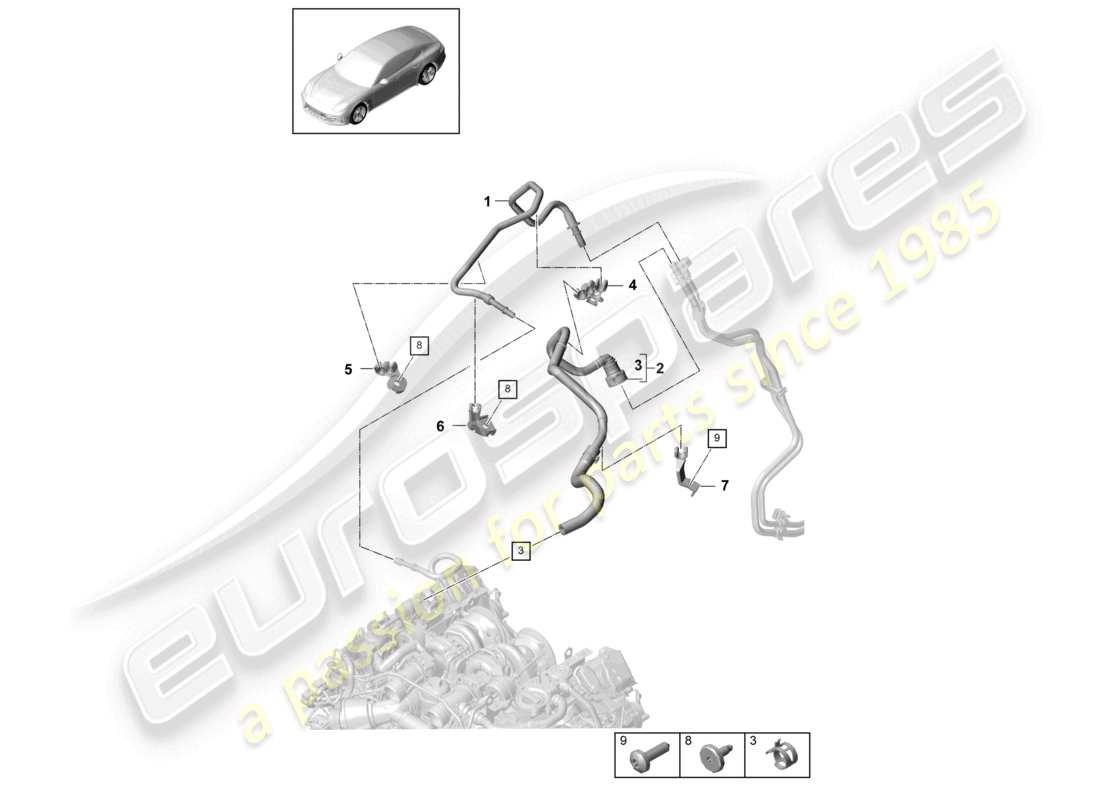 porsche 2021 (panamera 971-1) schéma des pièces du compartiment moteur de la conduite de carburant