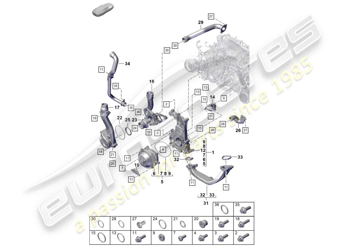 porsche 2023 (992-1 gt3/rs/st) schéma des pièces du boîtier du thermostat de la pompe à liquide de refroidissement