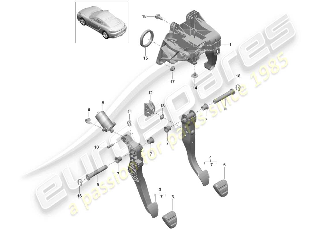 porsche 2025 (718 cayman) schéma des pièces du groupe de pédales de frein et d'embrayage