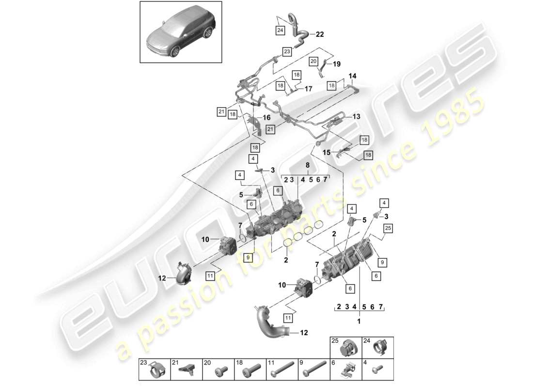 porsche 2024 (cayenne e3 9ya/9yb) schéma des pièces de l'adaptateur de soupape d'accélérateur du collecteur d'admission pour le réservoir de carburant