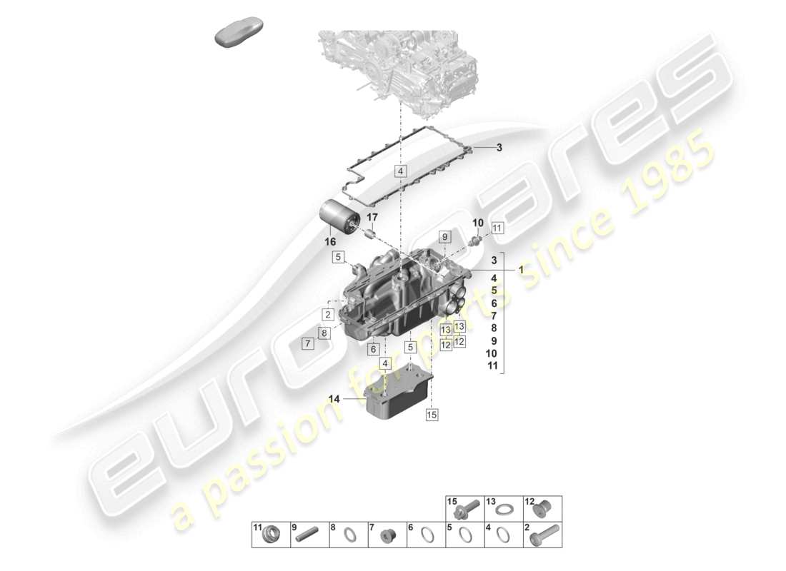 porsche 2023 (992-1 gt3/rs/st) moteur (presse à huile/lubrifiant), filtre à huile, échangeur de chaleur, boîtier conducteur d'huile, schéma des pièces