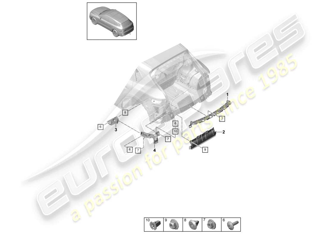 porsche 2021 (cayenne e3 9ya/9yb) schéma des pièces des fixations du pare-chocs arrière du pack sport design