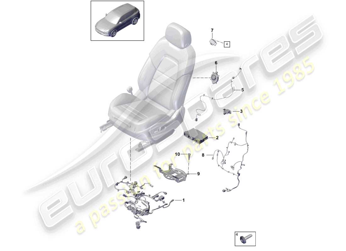 porsche 2021 (cayenne e3 9ya/9yb) schéma des pièces des faisceaux de câbles avant siège standard siège confort siège sport