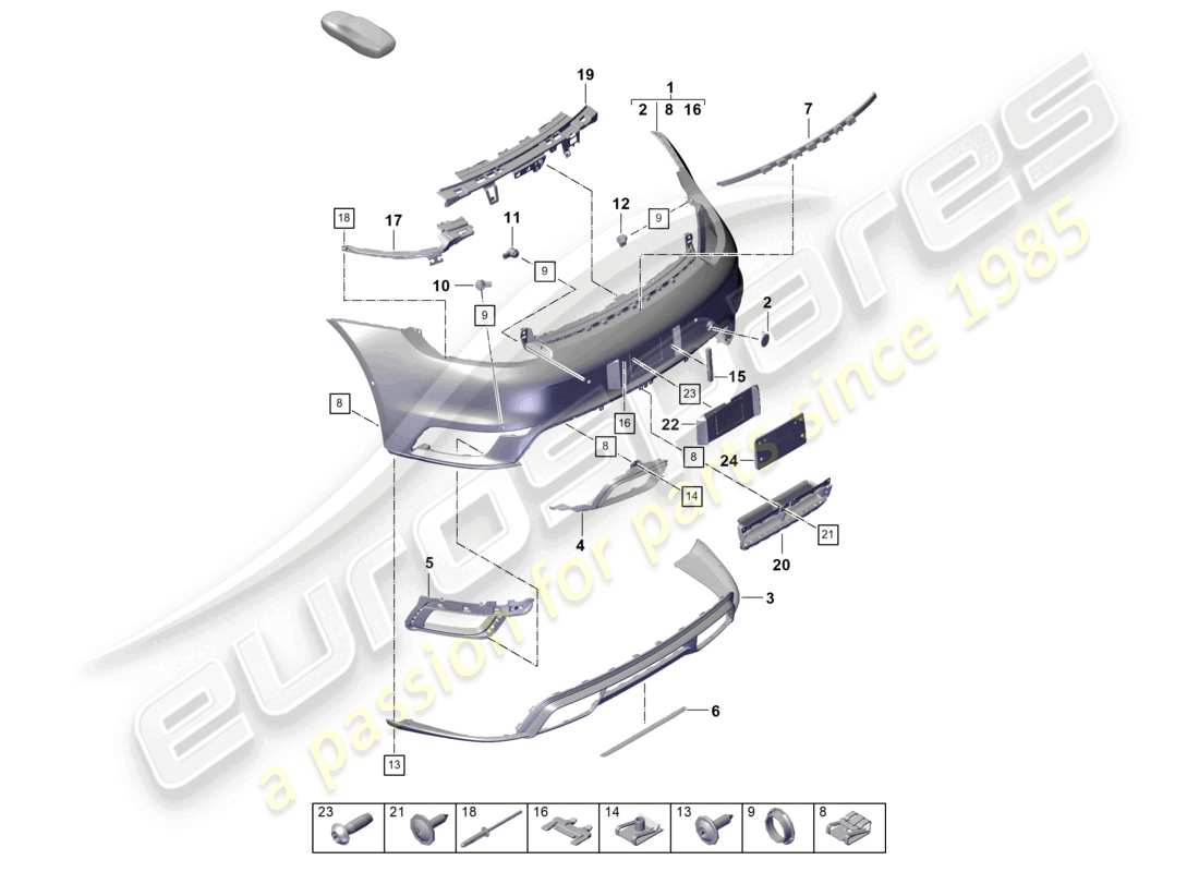 porsche 2023 (992-1 turbo / s) pare-chocs arrière avec : accessoires de base schéma des pièces