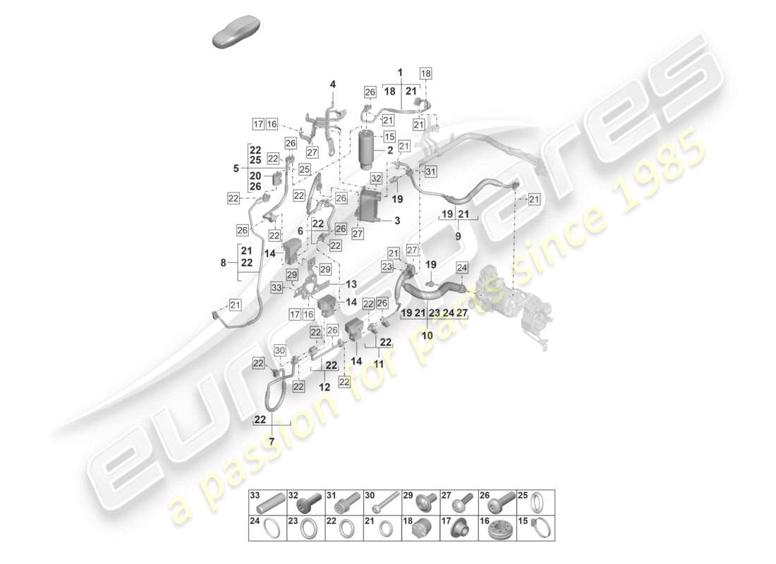 porsche 2022 (taycan 9j1-1) climatisation conduite de réfrigérant insert de sécheur avec pièces de fixation avec : pompe à chaleur r1234yf liquide de refroidissement schéma des pièces