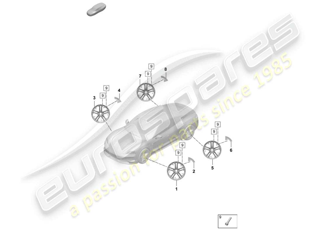 porsche 2026 (taycan 9j1-2) schéma des pièces de la jante en alliage 21