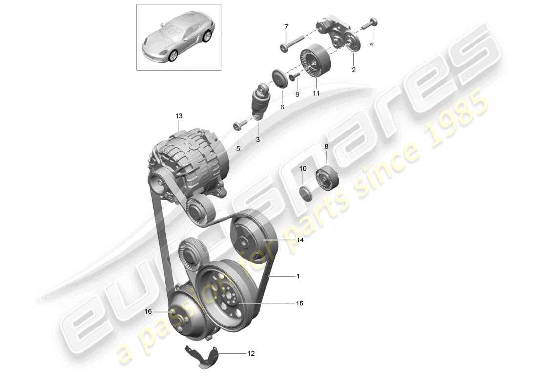 porsche 2024 (718 cayman) schéma des pièces de l'amortisseur du tendeur de courroie trapézoïdale
