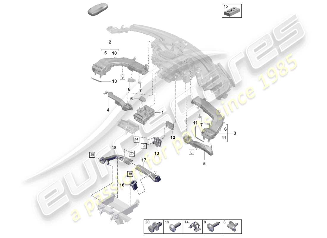 porsche 2020 (taycan 9j1-1) tableau de bord de guidage d'air schéma des pièces