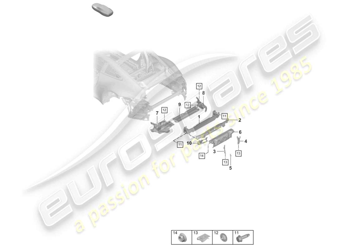 porsche 2022 (992-1 turbo / s) schéma des pièces du support de pare-chocs arrière et du bouclier thermique