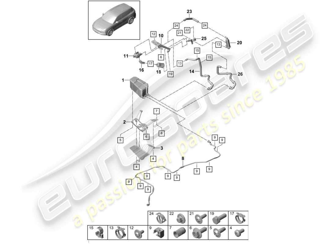 porsche 2024 (cayenne e3 9ya/9yb) récipient de charbon actif schéma des pièces