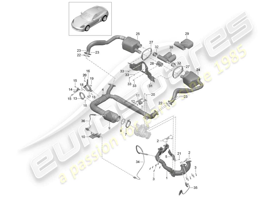 porsche 2025 (718 cayman) système d'échappement silencieux convertisseur catalytique schéma des pièces