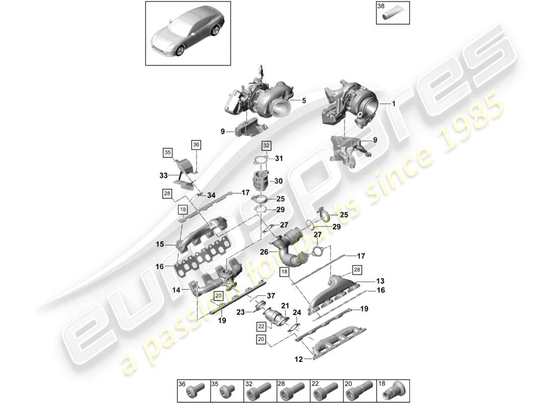 porsche 2021 (panamera 971-1) turbocompresseur à gaz d'échappement collecteurs d'échappement schéma des pièces