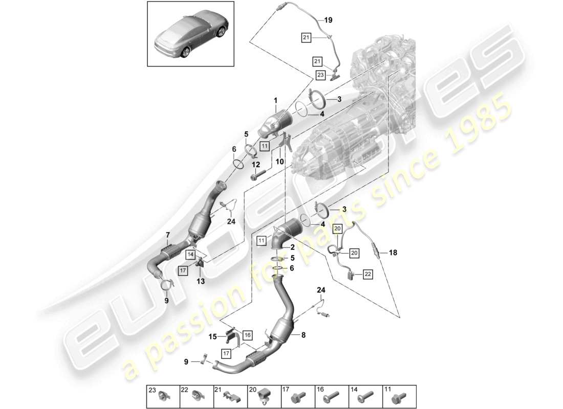 porsche 2021 (panamera 971-1) système d'échappement convertisseur catalytique filtre à particules essence sonde lambda schéma des pièces