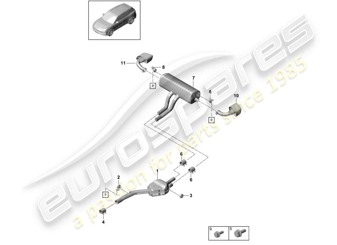 porsche 2024 (cayenne e3 9ya/9yb) système d'échappement silencieux avant silencieux arrière tuyau d'échappement schéma des pièces