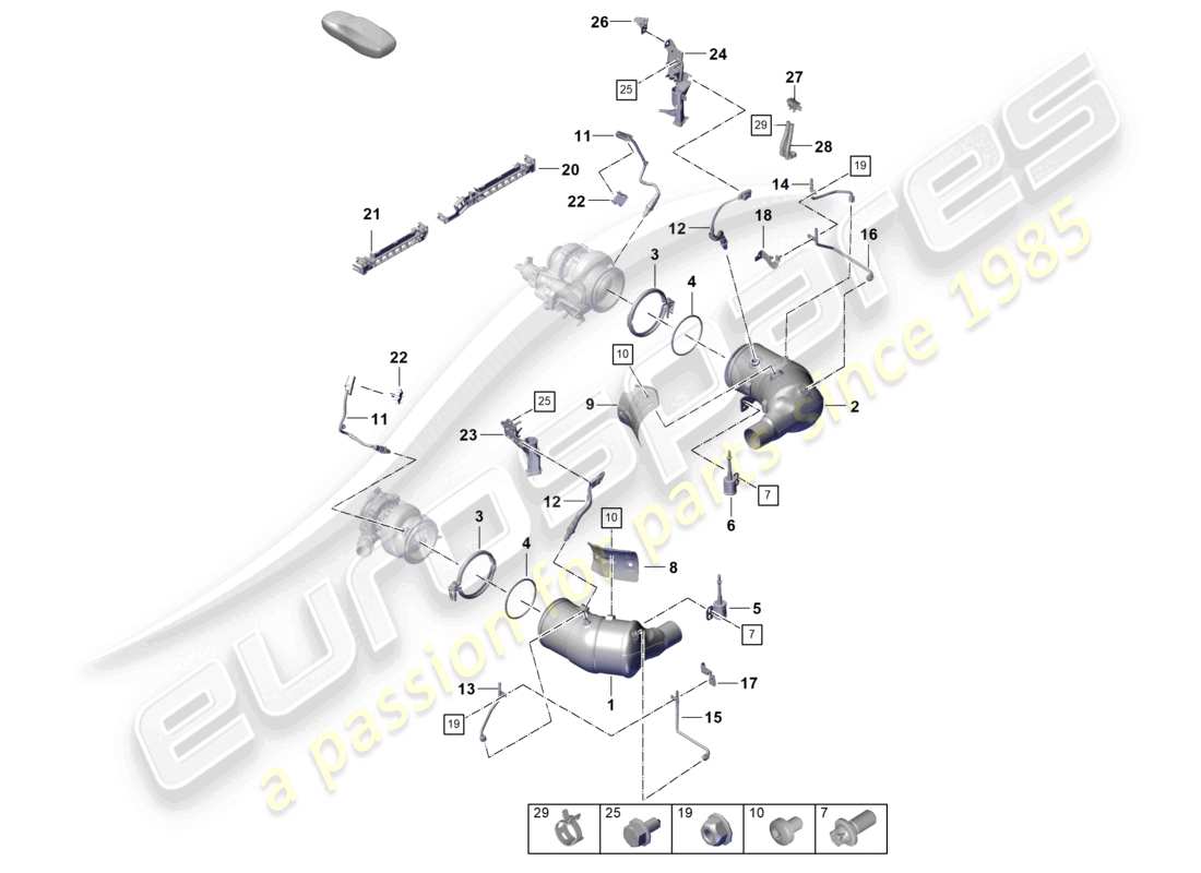 porsche 2022 (992-1 turbo / s) convertisseur catalytique filtre à particules essence fixations et capteurs schéma des pièces