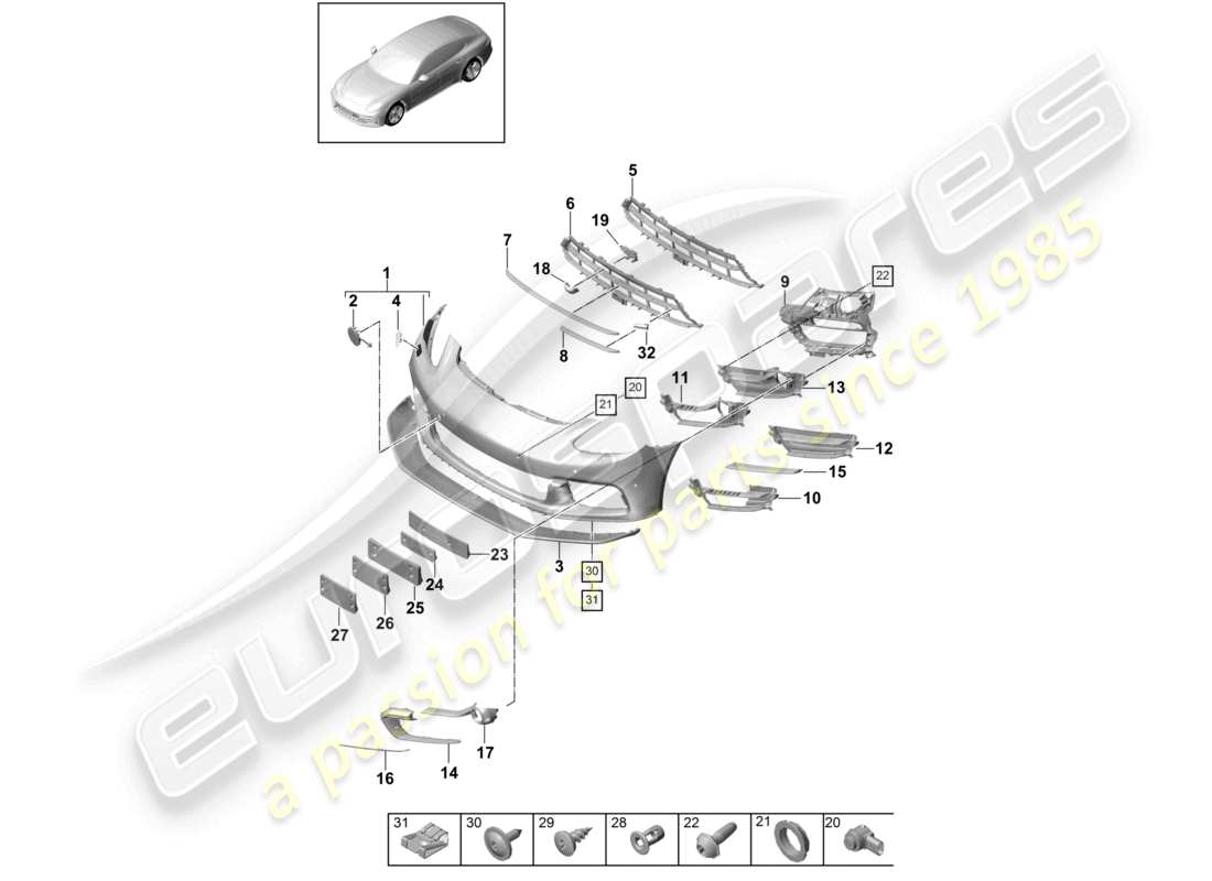porsche 2021 (panamera 971-1) schéma des pièces du pack sport design pour pare-chocs avant