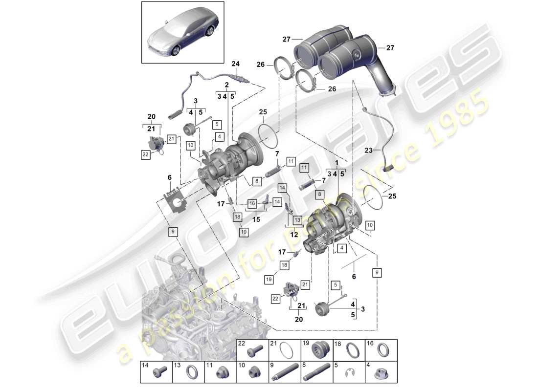 porsche 2021 (panamera 971-1) turbocompresseur à gaz d'échappement collecteurs d'échappement sonde lambda schéma des pièces