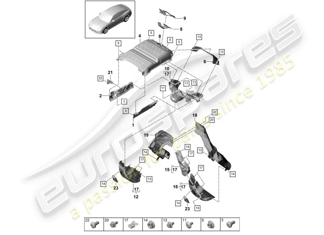 porsche 2021 (panamera 971-1) système d'échappement isolation thermique canal de guidage d'air pour les véhicules équipés d'un filtre à particules à essence schéma des pièces