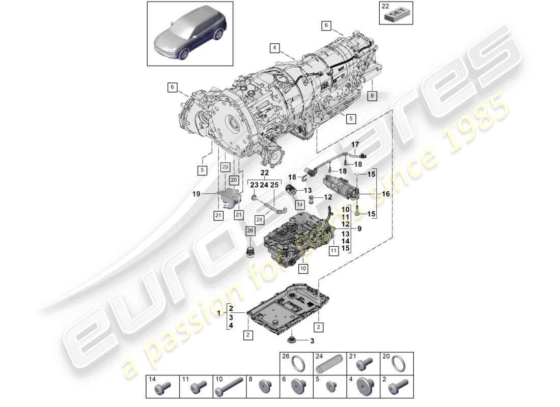 porsche 2024 (cayenne e3 9ya/9yb) 8-speed boîte de vitesses automatique pour véhicules à propulsion hybride mécatronique avec pompe à huile logicielle refroidisseur d'huile de boîte de vitesses carter d'huile de transmission schéma des pièces