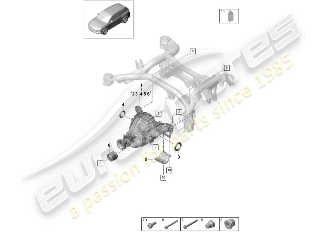 porsche 2024 (cayenne e3 9ya/9yb) différentiel de l'essieu arrière pour les modèles sans blocage de différentiel schéma des pièces