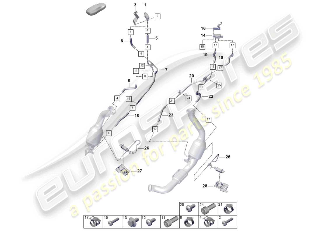 porsche 2024 (panamera 976) système d'échappement système de traitement des gaz d'échappement capteurs pour les véhicules équipés d'un filtre à particules essence schéma des pièces