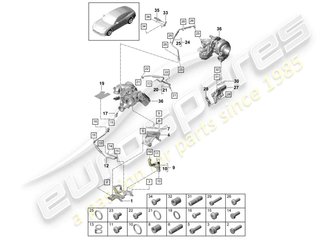 porsche 2021 (panamera 971-1) système de refroidissement du liquide de refroidissement pour turbocompresseur conduite de pression d'huile pour turbocompresseur à gaz d'échappement schéma des pièces