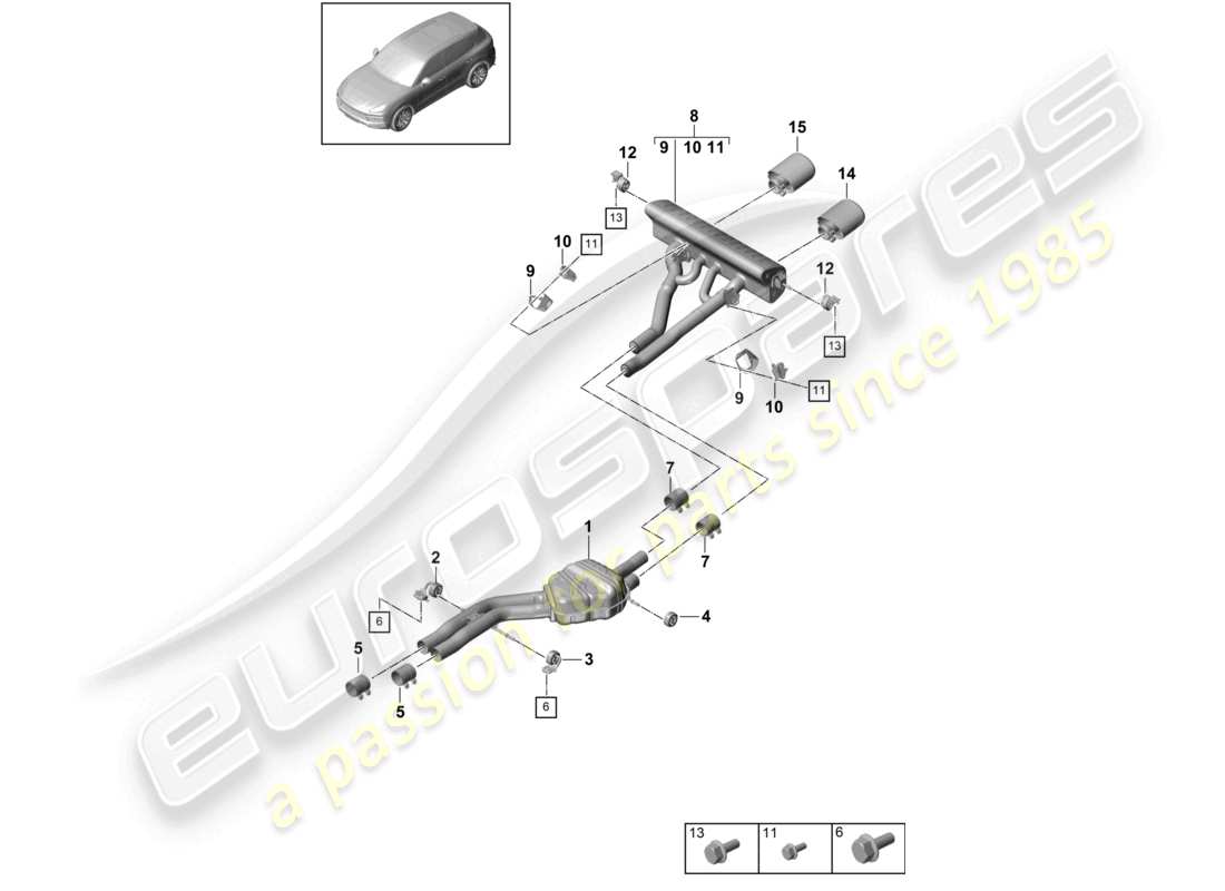 porsche 2024 (cayenne e3 9ya/9yb) système d'échappement version sport silencieux avant silencieux arrière tuyau d'échappement diagramme des pièces
