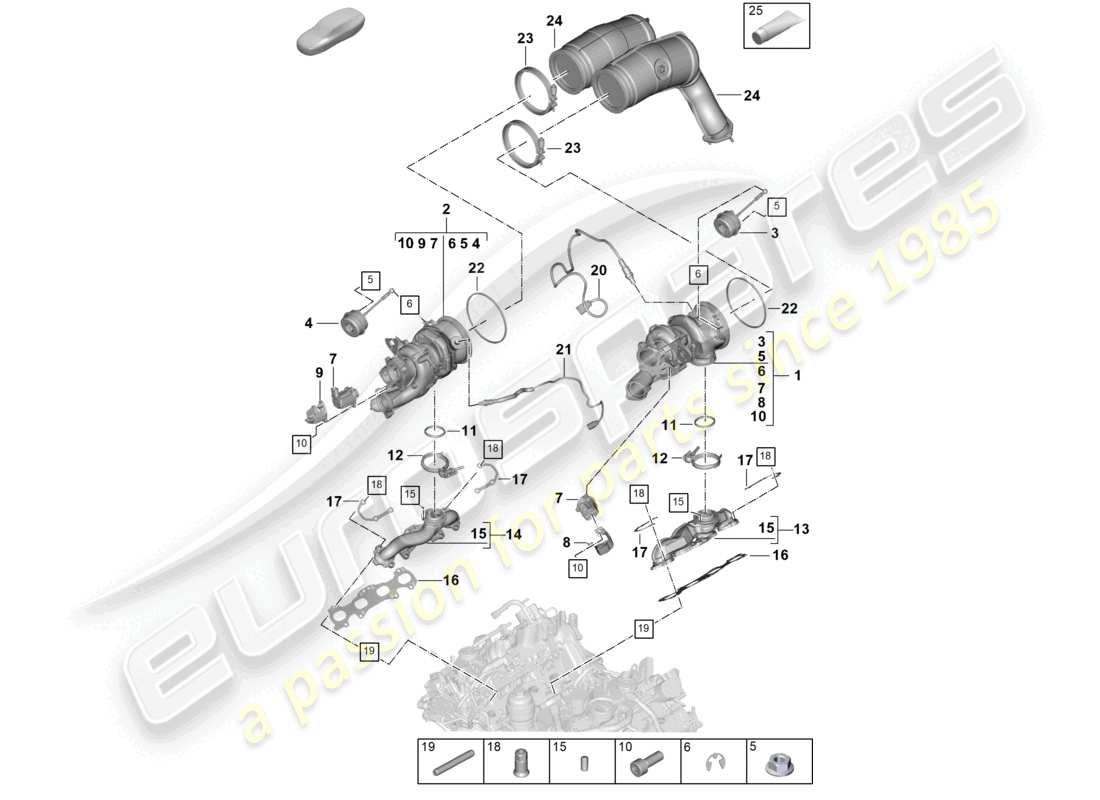 porsche 2026 (cayenne e3 pa) turbocompresseur à gaz d'échappement collecteurs d'échappement sonde lambda schéma des pièces
