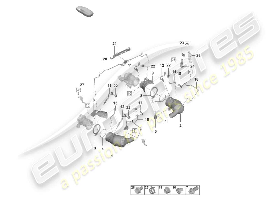 porsche 2024 (992-2) convertisseur catalytique filtre à particules essence fixations et capteurs schéma des pièces