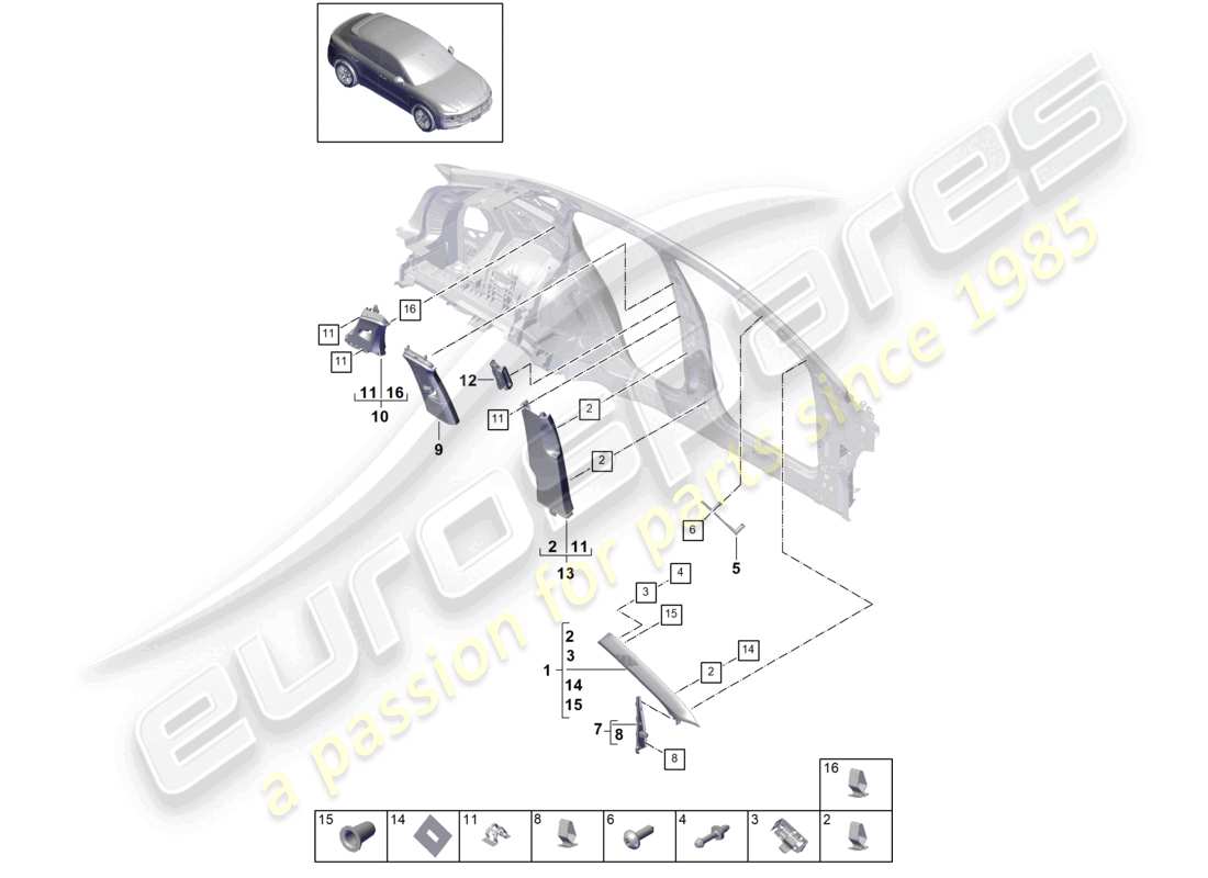 porsche 2021 (cayenne e3 9ya/9yb) garniture de pilier supérieur garniture de pilier a garniture de pilier b garniture de pilier c et élément de déformation diagramme des pièces