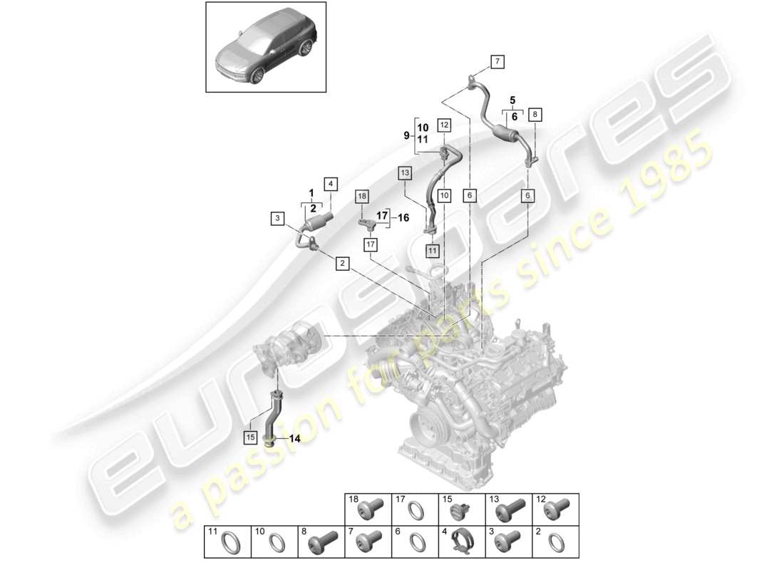 porsche 2021 (cayenne e3 9ya/9yb) schéma des pièces du système de refroidissement du turbocompresseur à gaz d'échappement