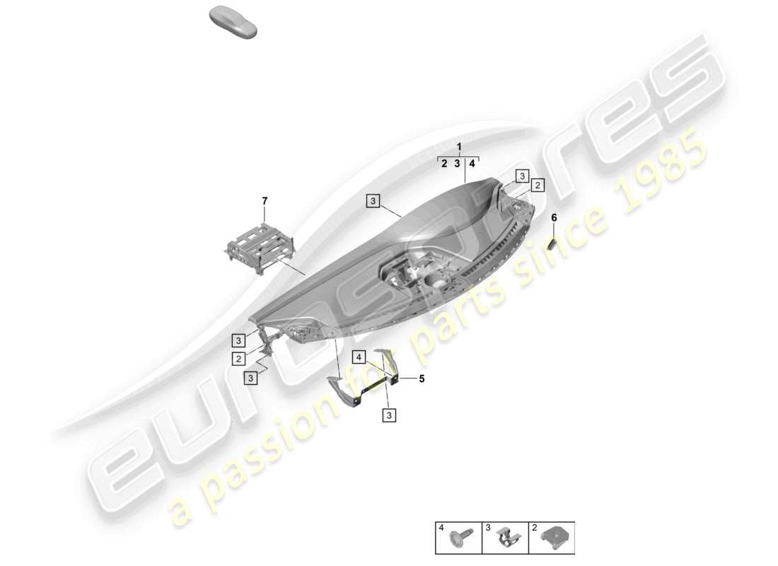 porsche 2022 (992-1 gt3/rs/st) garniture du tableau de bord partie supérieure avec : fixations schéma des pièces