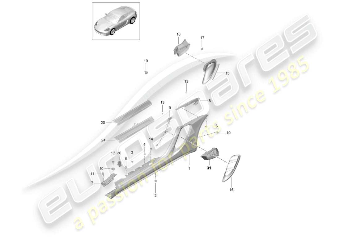 porsche 2024 (718 cayman) schéma des pièces de garniture de longeron et de guide d'air du compartiment moteur