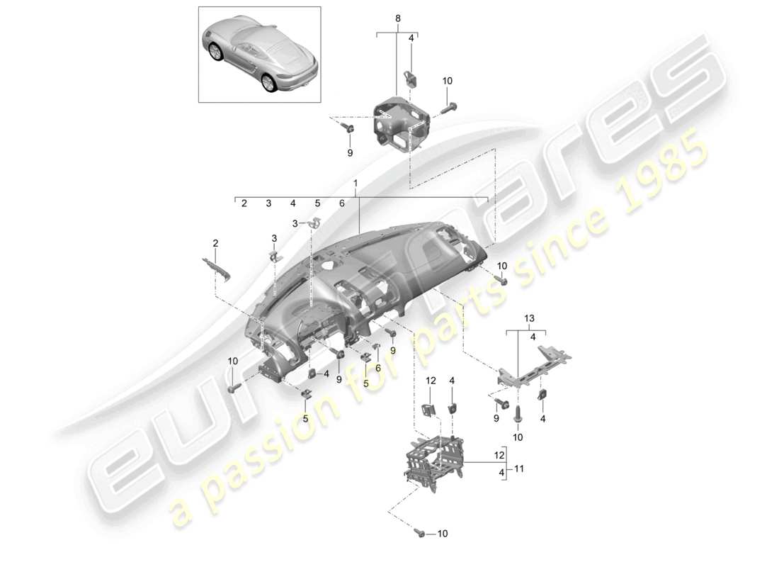porsche 2025 (718 cayman) garniture du tableau de bord partie supérieure avec : fixations schéma des pièces